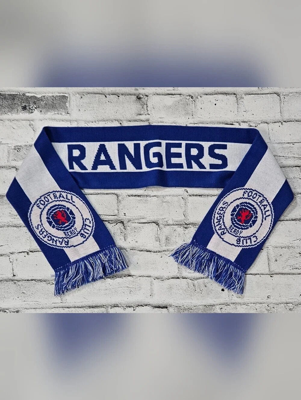 Rangers FC Football Scarf Blue White Knit Supporter Soccer Fan Fringe